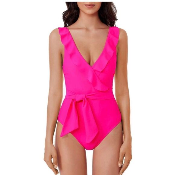 Rebecca Virtue Women's Kelly Ruffle One Piece Swimsuit, Plunge - Picture 1 of 6
